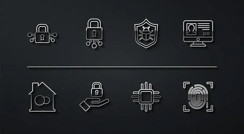 Set line Cyber security, Smart home, Create account screen, Processor with Illustrazione stock