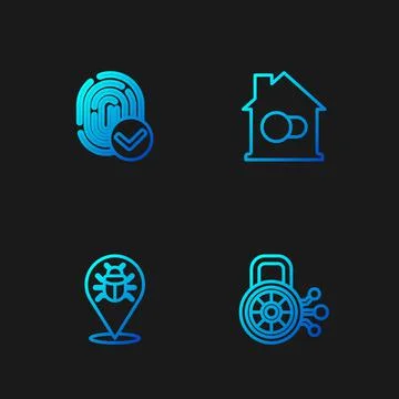 Set line Cyber security, System bug, Fingerprint and Smart home. Gradient color Stock Illustration