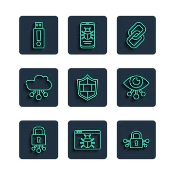 Set line Cyber security, System bug, Chain link, Shield with brick wall 스톡 일러스트