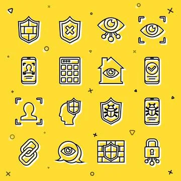 Set line Cyber security, System bug on mobile, Smartphone, Eye scan, Password 스톡 일러스트