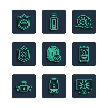 Set line Cyber security, System bug, Fingerprint, Shield with cross mark, and 스톡 일러스트