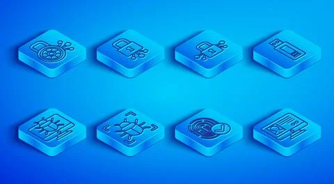 Set line Cyber security, System bug, Fingerprint, USB flash drive, on monitor Stock Illustration