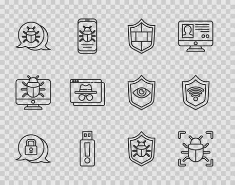 Set line Cyber security, System bug, Shield with brick wall, USB flash driv.. Stock-Illustration