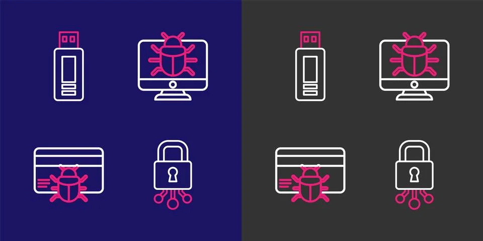 Set line Cyber security, System bug in credit card, on monitor and USB flas.. Stock Illustration