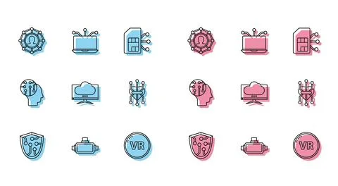 Set line Cyber security, Virtual reality glasses, Project team base, Computer Stock Illustration