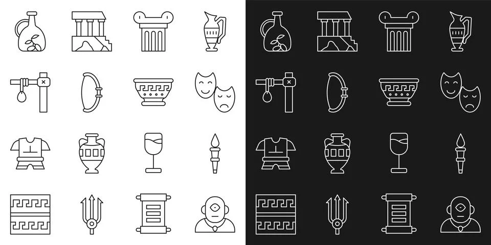 Set line Cyclops, Torch flame, Comedy and tragedy masks, Ancient column 스톡 일러스트