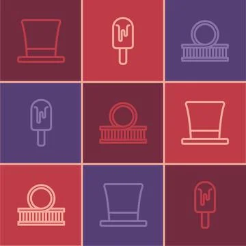 Set line Cylinder hat, Roller coaster and Ice cream icon. Vector Illustrazione stock