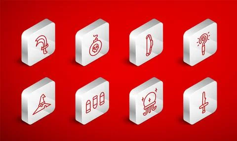 Set line Dagger, Bomb ready to explode, Medieval bow, Magic wand, ball, Sword Stockillustratie