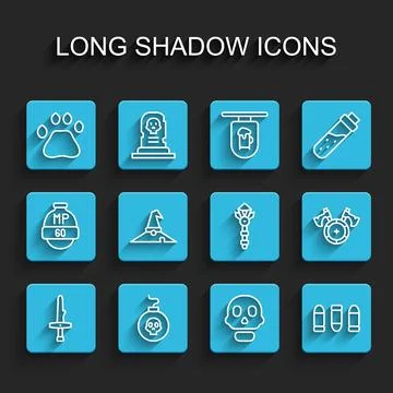 Set line Dagger, Bomb ready to explode, Bear paw footprint, Skull, Bullet, Witch Illustrazione stock