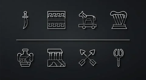Set line Dagger, Broken amphorae, Harp, Crossed arrows, Parthenon, Ancient Greek Ilustración de archivo