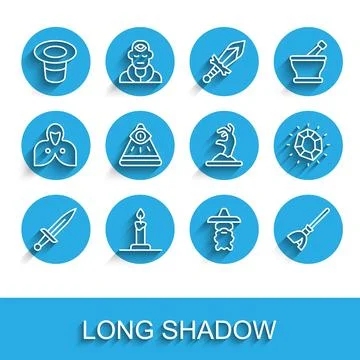 Set line Dagger, Burning candle in candlestick, Magic hat, Wizard warlock, .. Stock Illustration