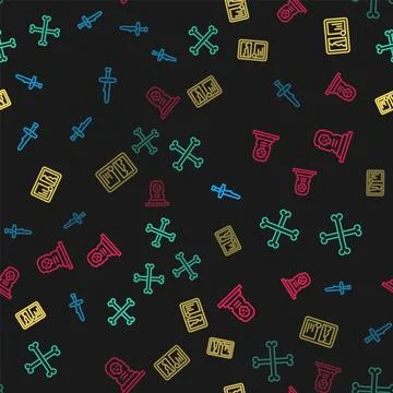 Set line Dagger, Crossed human bones, Card game collection and Grave with t.. Stock Illustration