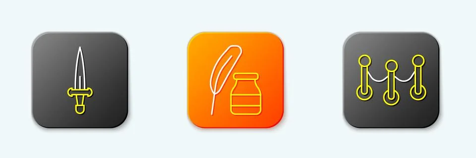Set line Dagger, Feather and inkwell and Rope barrier icon. Vector Stock Illustration