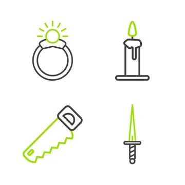 Set line Dagger, Hand saw, Burning candle in candlestick and Magic stone ri.. Stock Illustration