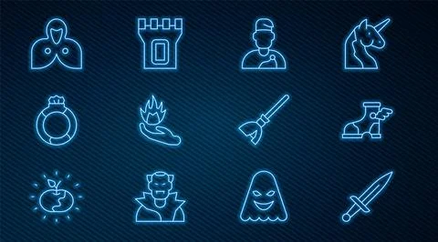 Set line Dagger, Hermes sandal, Wizard warlock, Hand holding fire, Magic st.. Ilustración de archivo