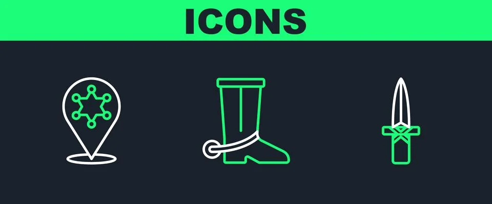 Set line Dagger, Hexagram sheriff and Cowboy boot icon. Vector Stock Illustration