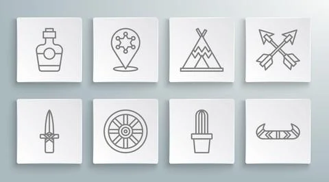 Set line Dagger, Hexagram sheriff, Old wooden wheel, Cactus peyote in pot, .. 库存插图