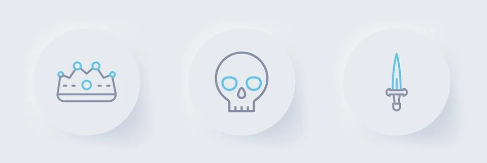 Set line Dagger, Human skull and King crown icon. Vector Stock Illustration