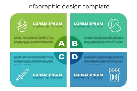 Set line Dagger, Magic ball, Castle tower and Moon and stars. Business infogr Ilustração Stock