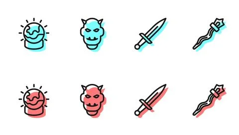 Set line Dagger, Magic ball, Mask of the devil with horns and staff icon. V.. 스톡 일러스트