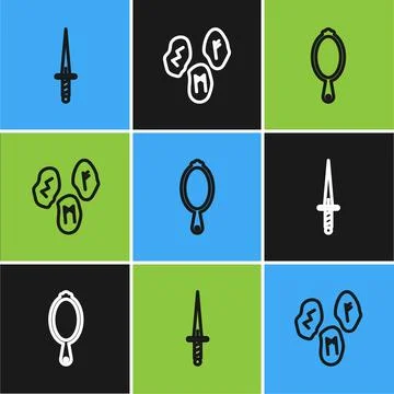 Set line Dagger, Magic hand mirror and runes icon. Vector Stock Illustration