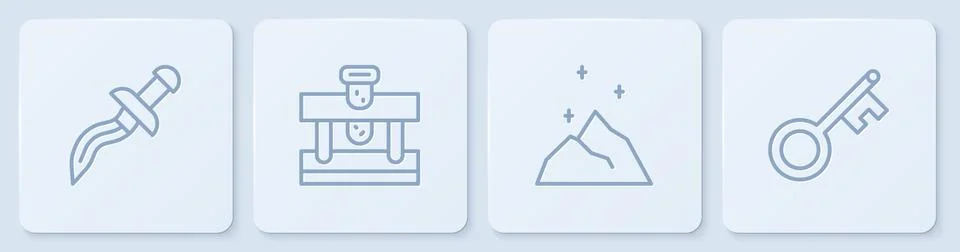 Set line Dagger, Magic powder, Bottle with potion and Old key. White square Stock Illustration