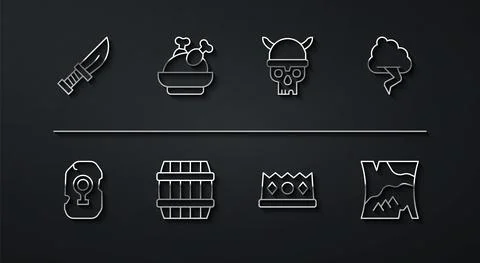 Set line Dagger, Magic rune, Cloud and lightning, King crown, Wooden barrel Illustrazione stock