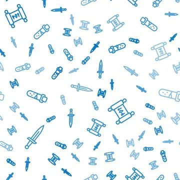 Set line Dagger, Magic scroll and Bottle with potion on seamless pattern. Vector Illustrazione stock