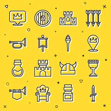 Set line Dagger, Medieval goblet, Location king crown, Castle, fortress, flag Stock Illustration