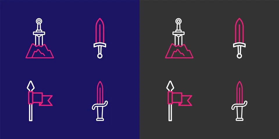 Set line Dagger, Medieval spear, sword and Sword in the stone icon. Vector Illustrazione stock
