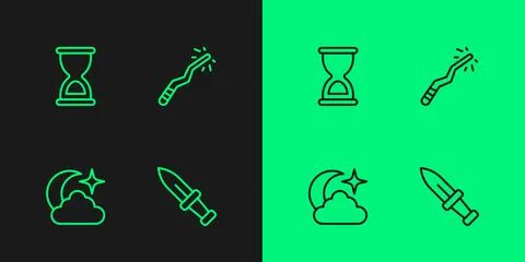 Set line Dagger, Moon and stars, Old hourglass and Magic wand icon. Vector Stock Illustration