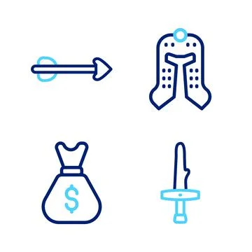 Set line Dagger, Old money bag, Medieval helmet and Arrow icon. Vector Illustrazione stock