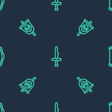 Set line Dagger, Pirate flag and Medieval bow on seamless pattern. Vector Stock Illustration
