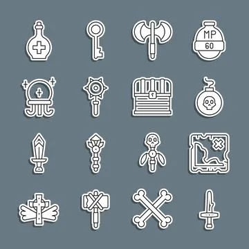 Set line Dagger, Pirate treasure map, Bomb ready to explode, Medieval poleaxe Illustrazione stock
