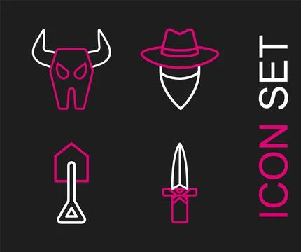 Set line Dagger, Shovel, Cowboy and Buffalo skull icon. Vector Illustration