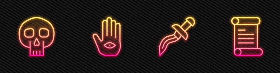 Set line Dagger, Skull, Hamsa hand and Decree, parchment, scroll. Glowing neon 스톡 일러스트