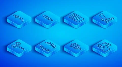 Set line Dagger, Torch flame, Greek history book, Laurel wreath, Neptune Trident Stock Illustration