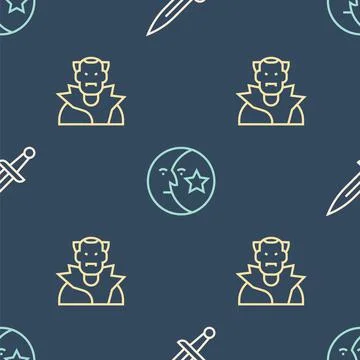 Set line Dagger, Vampire and Moon and stars on seamless pattern. Vector Stock Illustration