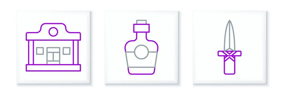 Set line Dagger, Wild west saloon and Tequila bottle icon. Vector Ilustración de archivo