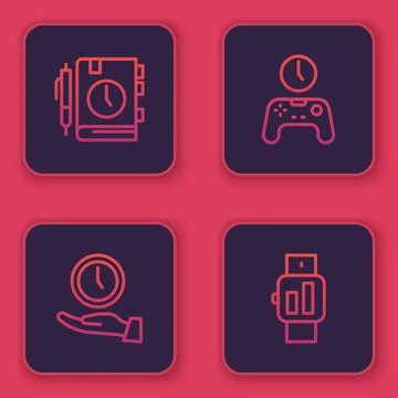 Set line Daily paper notepad, Clock, Gamepad of time and Smartwatch. Blue square Stock Illustration
