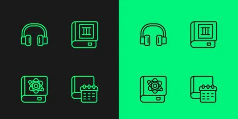 Set line Daily paper notepad, Book about physics, Headphones and icon. Vector イラスト素材