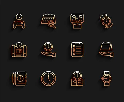 Set line Daily paper notepad, Clock, Gamepad of time, Time is money, Wrist watch 스톡 일러스트