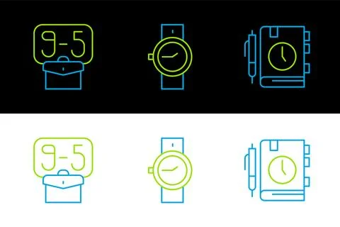 Set line Daily paper notepad, From 9 and Wrist watch icon. Vector Illustrazione stock