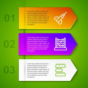 Set line Dart arrow, Abacus and Toy building block bricks. Business infographic Ilustración de archivo