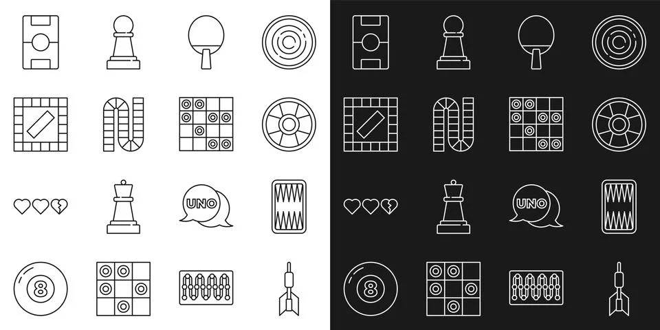 Set line Dart arrow, Backgammon board, Casino chip, Racket, Board game, Hockey Stock Illustration