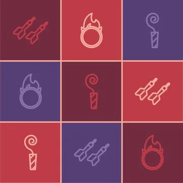 Set line Dart arrow, Birthday party horn and Circus fire hoop icon. Vector Illustrazione stock