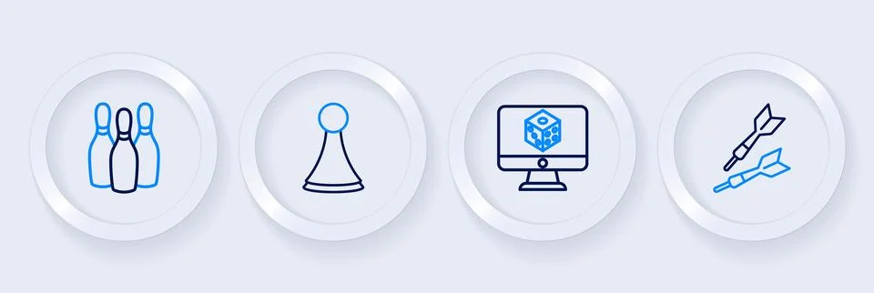 Set line Dart arrow, Game dice, Chip for board game and Bowling pin icon. V.. Stock Illustration