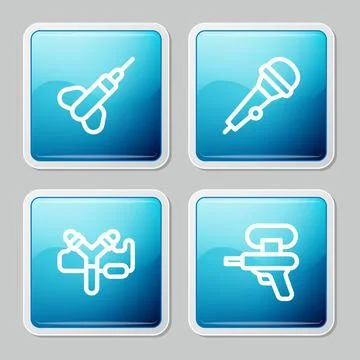 Set line Dart arrow, Microphone, Slingshot and Water gun icon. Vector Illustration