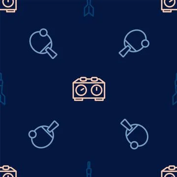 Set line Dart arrow, Racket and Time chess clock on seamless pattern. Vector イラスト素材