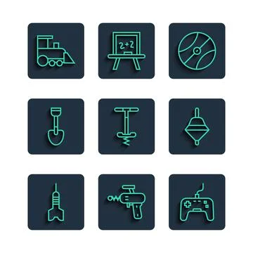 Set line Dart arrow, Ray gun, Gamepad, Basketball ball, Pogo stick jumping toy Stock Illustration
